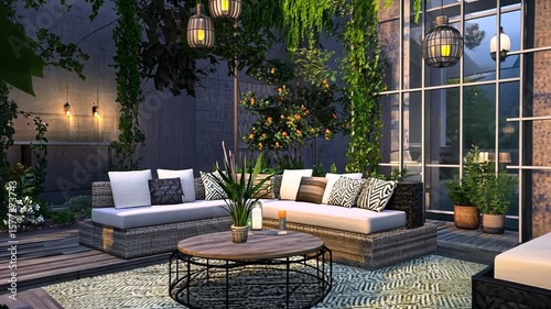 Luxurious outdoor patio with comfortable lounge seating and lush green plants around the room