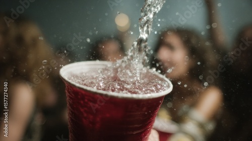 Energetic splash dance at neon dusk, vibrant celebration cup fills, festive revelry echoes Mid-Autumn Festival, quirky merrymaking blend