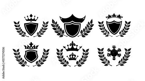 Crown shield laurel vector heraldic emblems for logo design and branding elements