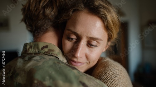 Tender reunion as a Caucasian woman embraces soldier in camouflage, capturing Veterans Day warmth and bittersweet homecoming tenderness