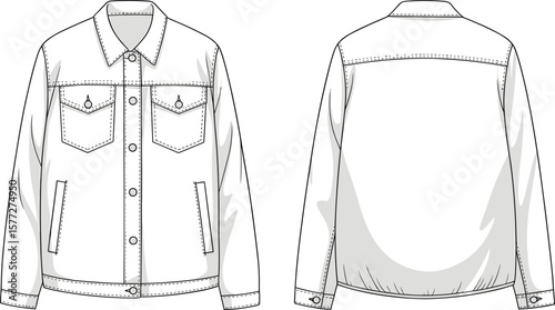 Stylish denim jacket sketch, front and back views, chest pockets, seam lines, fashion design template, casual outerwear illustration, garment layout
