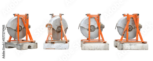 High-Resolution Detailed Transparent-Background Four concrete saws aligned ev digital artwork, commercial stock asset, ideal for advertising and presentations, digital downloads