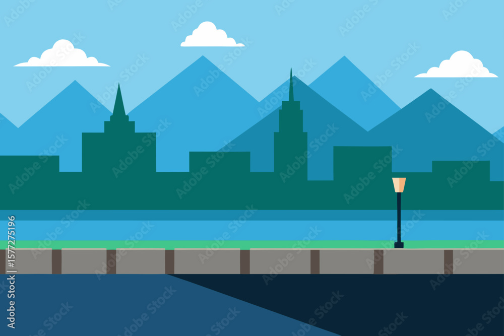 Obraz premium Empty City Embankment with Mountain Skyline