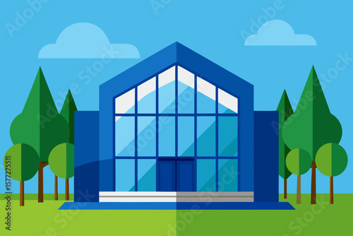 Modern Architectural Design Blue Glass Building with Reflections