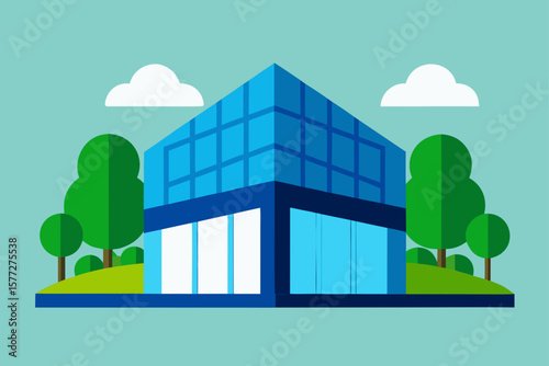 Modern Architectural Design Blue Glass Building with Reflections