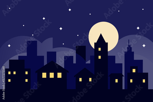 Moonlit Cityscape Dark Night Sky with Silhouetted Buildings