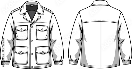 Utility jacket fashion sketch, front and back views, button pockets, collar detail, ribbed cuffs, garment template, outerwear design, stylish drawing