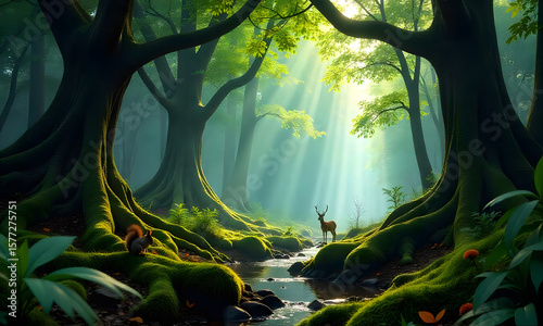 Magical Sunlit Forest with Deer and Stream – Enchanted Nature Landscape