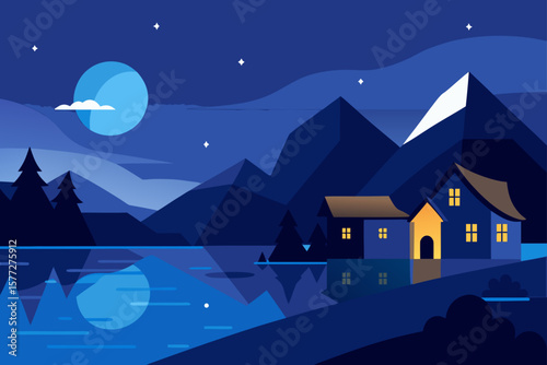 Serene Night in Lakeside Village Moonlit Landscape
