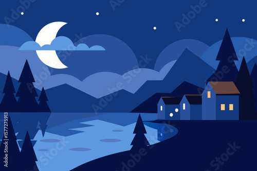Serene Night in Lakeside Village Moonlit Landscape