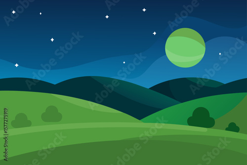 Serene Night Starry Sky over Rolling Hills and Green Field