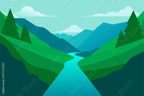 Serene River Gorge A Lush Green Valley Landscape Illustration