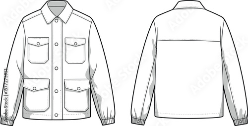 Utility jacket technical drawing, front and back views, chest pocket detail, zipper closure, seam lines, outerwear fashion, apparel sketch design