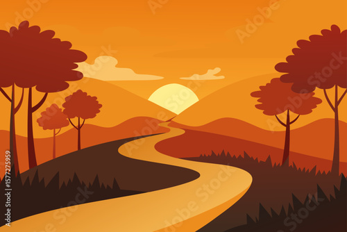 Serene Sunset A Winding Path through Golden Forest