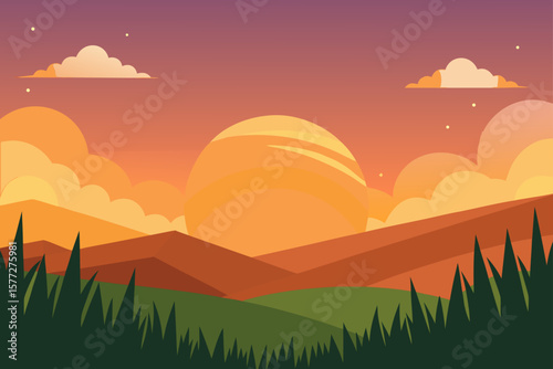 Serene Sunset Landscape Grassy Meadow at Golden Hour