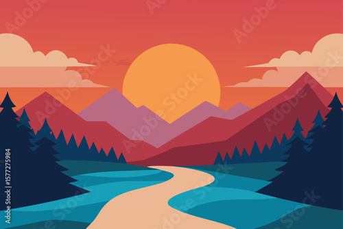 Serene Sunset Landscape A Peaceful Mountain River Scene