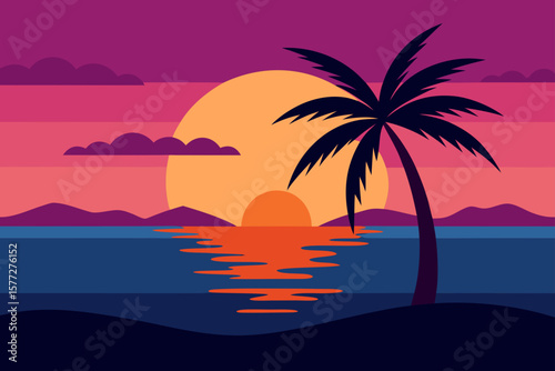 Stunning Tropical Sunset Beach Palm Tree Ocean View