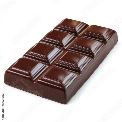 A rich dark chocolate bar with segmented squares and a glossy finish isolated on white background
