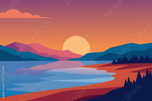 The Shore of the Reservoir at Sunset Realistic Vector Scene