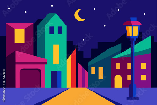 Vibrant Night Street Scene Colorful Buildings and Neon Lights