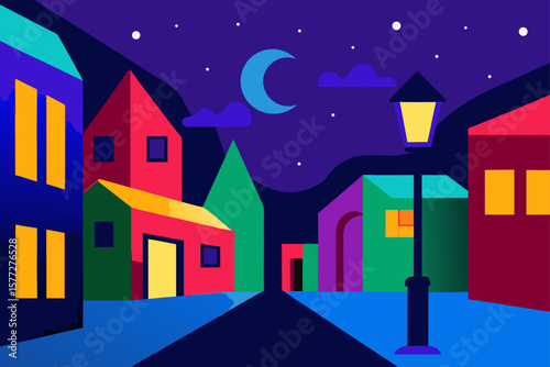 Vibrant Night Street Scene Colorful Buildings and Neon Lights