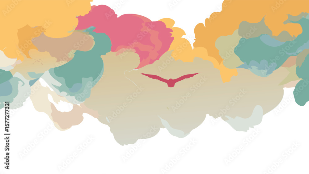 Obraz premium Aesthetic painting of a bird flying through colorful clouds in a serene and dreamy atmosphere scene