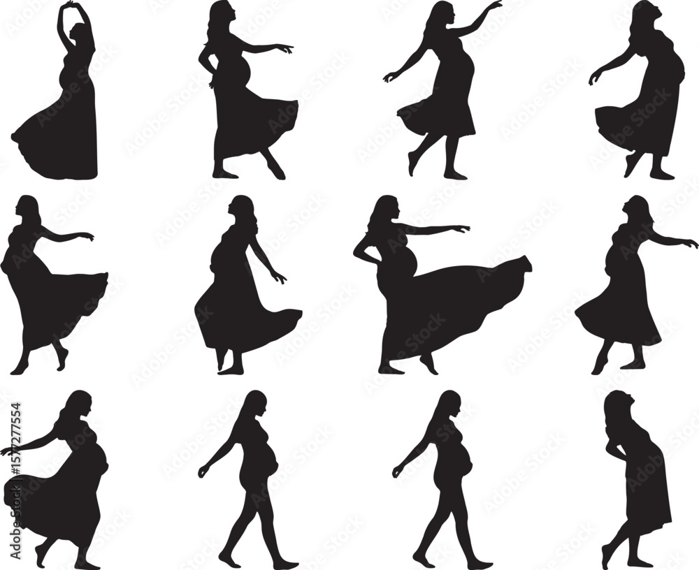 Obraz premium Silhouettes of pregnant women in various poses showcase maternity and the beauty of pregnancy, perfect for designs.