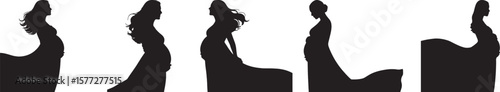 Silhouettes showcase the beauty of pregnancy, featuring expecting mothers in various poses and hairstyles, celebrating motherhood.