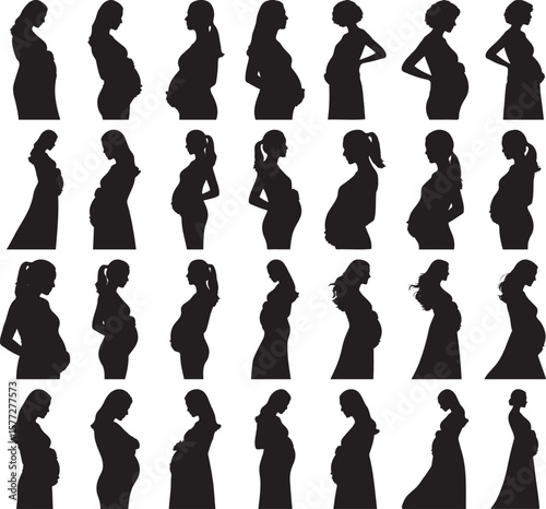 Silhouettes showcase the beauty of pregnancy, depicting expectant mothers in various poses and hairstyles, celebrating motherhood.