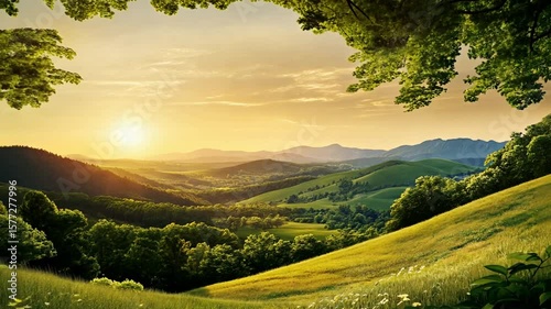 Serene Mountain Valley View at Sunset with Lush Greenery and Golden Light