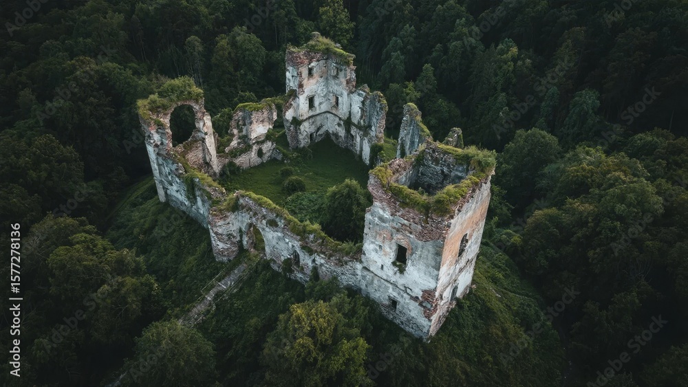 Fototapeta premium Aerial View of Ancient Ruins Surrounded by Lush Forest