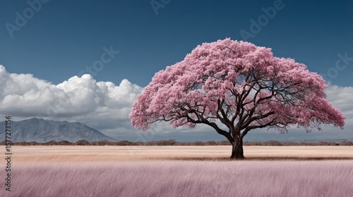 A large tree with abundant pink blossoms stands tall in a golden field with mountains and clouds in the background