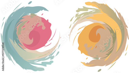 Two swirling abstract designs with pastel colors and a circular shape on a white background here