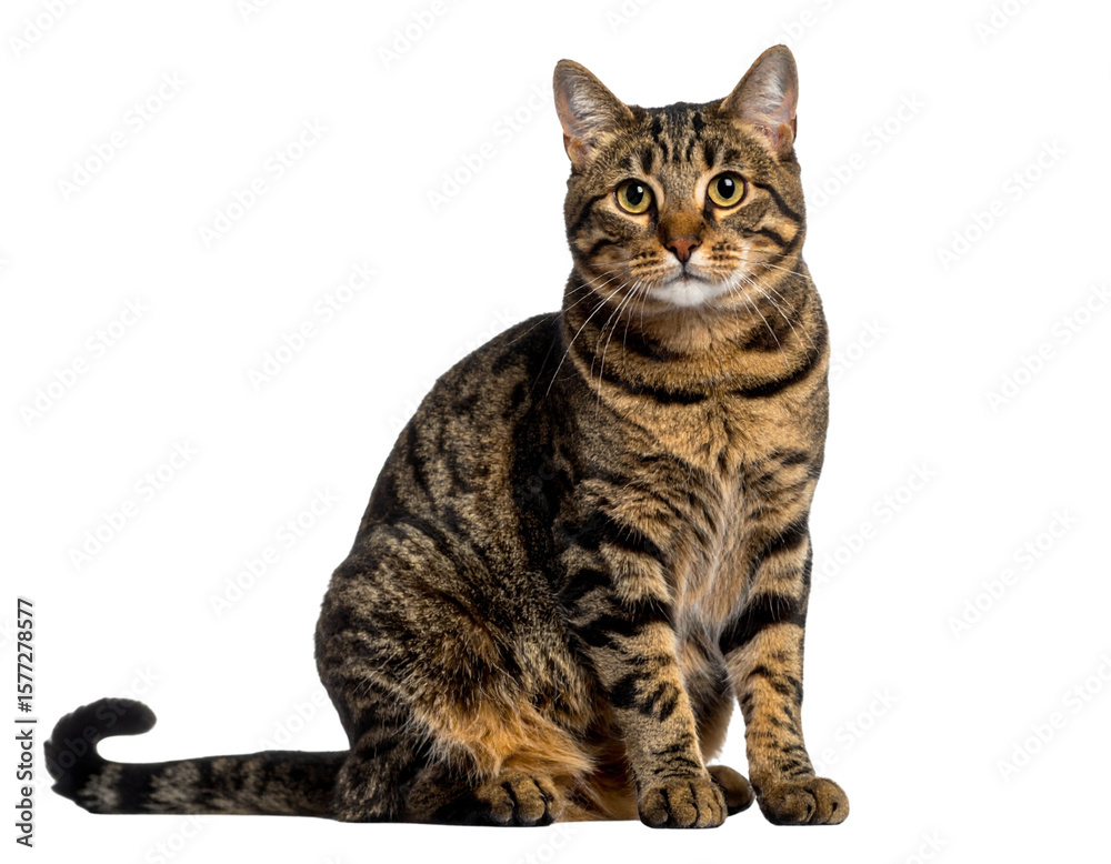 Obraz premium Untitled design - Front-Facing Tabby Cat Sitting Upright, Alert Expression, isolated on transparent background
