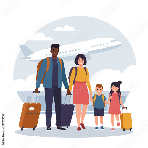 A happy diverse family, including parents and two children, walks with their luggage at an airport with an airplane in the background, ready for their vacation.
