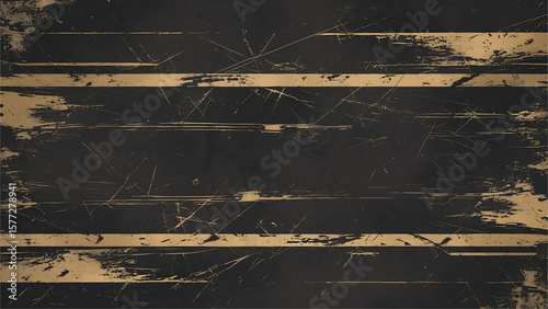 Distressed black background with gold striped textures, an abstract design ideal for graphic design and backgrounds, Black background with golden linear and scratchy effects
