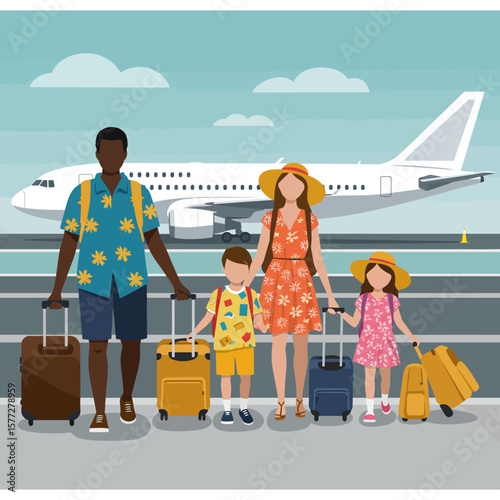 A happy, diverse family with luggage at the airport, ready for a vacation or travel adventure with a large airplane behind them.