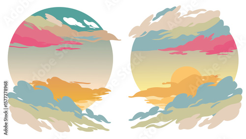 Two circular cloudscapes with varied colors and a sun on the right side, a dreamy illustration