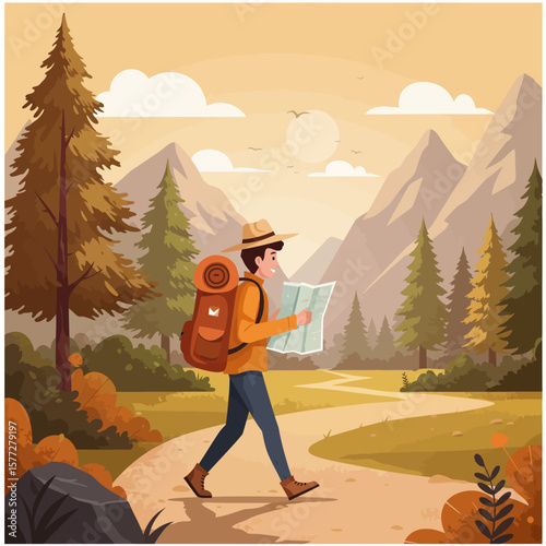 A young male hiker with a backpack consults a map while walking on a trail through an autumnal mountain landscape, enjoying the scenic views and fresh air.