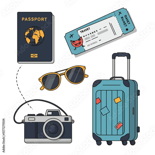 A vibrant vector illustration showcases essential travel items like a passport, ticket, sunglasses, camera, and suitcase, perfect for vacation planning and tourism themes.