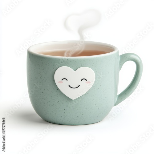 Cute Mint Green Mug with Heart Face and Steam Rising