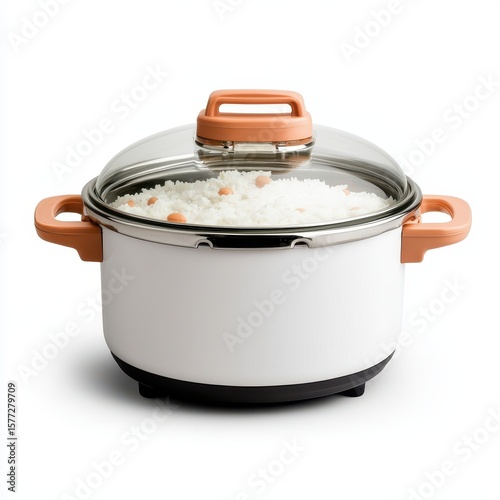 Modern White Cooking Pot with Lid and Cooked Rice Inside