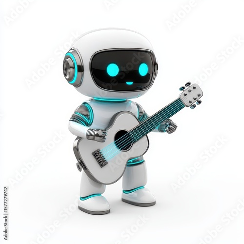 Cute Robot Playing Guitar in White Background with Neon Accents