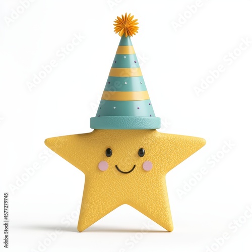 Cute Yellow Star Character with Party Hat and Cheerful Expression