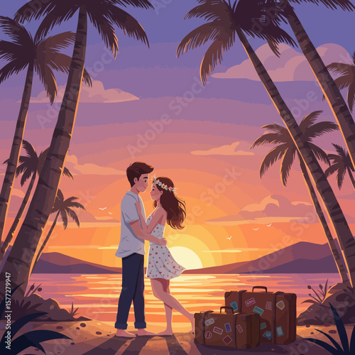 A romantic young couple embraces on a tropical beach at sunset, with palm trees silhouetted against a vibrant sky, symbolizing a perfect vacation getaway.