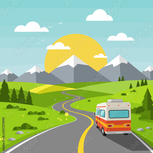 A vintage campervan travels a winding road through a scenic mountain landscape, enjoying a sunny summer day, picturesque journey, idyllic travel destination.