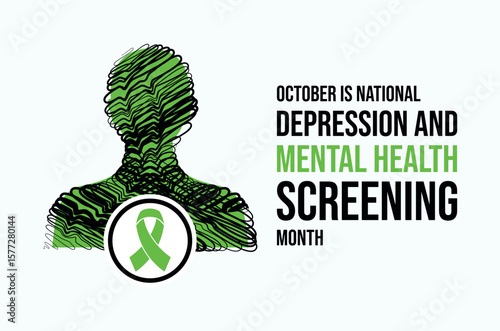 October is National Depression and Mental Health Screening Month poster vector illustration. Person with mental illness and green awareness ribbon icon. Template for background, banner, card