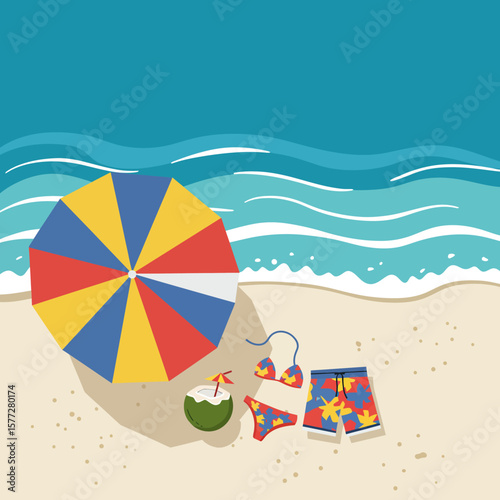 A colorful illustration depicts a sunny beach scene with an umbrella, swimwear, and a coconut drink, capturing the essence of a tropical vacation getaway.