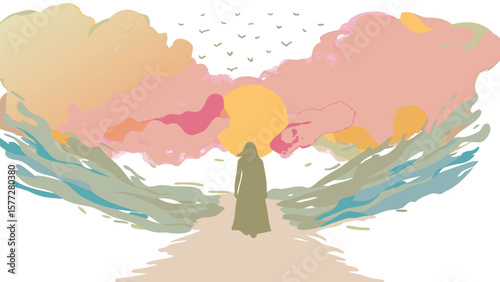 Silhouette of a person walking towards a bright sun with clouds and birds in the sky painting style