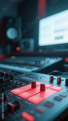 Music Production Setup with Mixing Console and Computer Screen